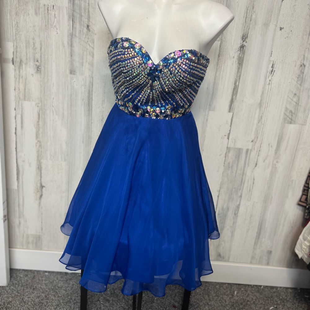 Anny Lee Blue Strapless Rhinestone Skater Dress XS Prom Homecoming Party Dress